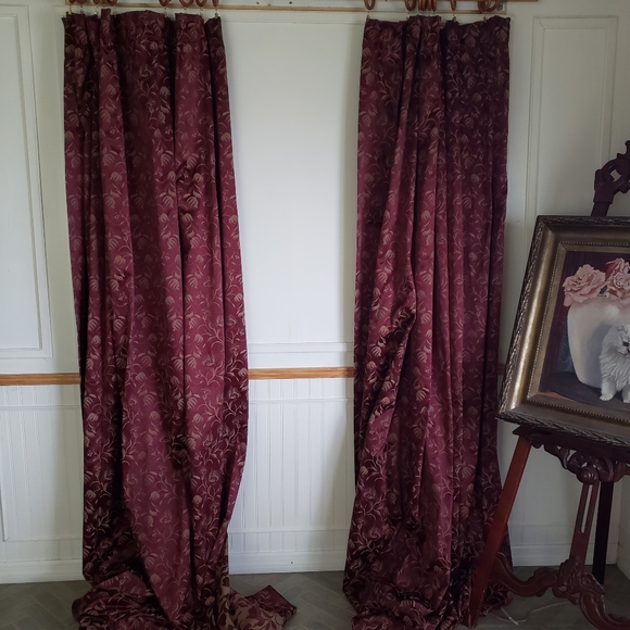 Custom Drapes 150 x 98 2 Panel Maroon Gold Floral Jacquard Room Darken Rod Pkt - Picture 9 of 9